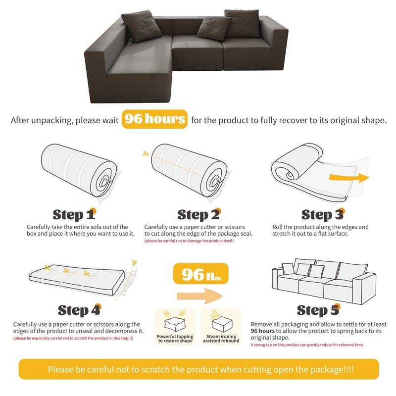 Corduroy Chaise Sectional Couch Convertible into Sleeper Sofa Bed, Deep Seating Modular Compression Sofa for Living Room