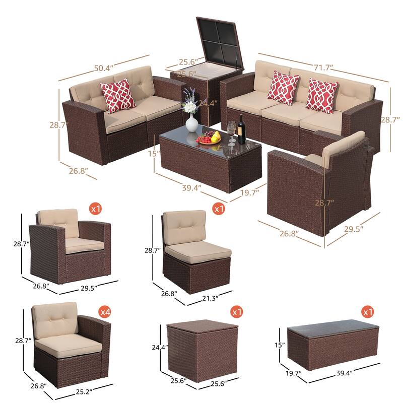 Outdoor 8 Pieces Wicker Sectional Sofa Set w/ Storage Box