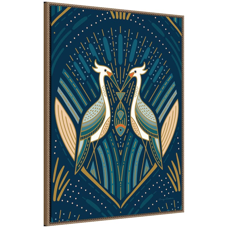 Kate and Laurel Sylvie Art Deco Herons Blue Framed Canvas by Carey Copeland - 28x38 - Gold