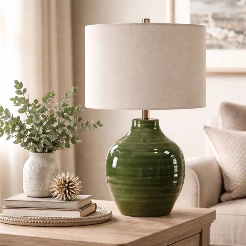 Table Lamp, Moss Green Textured Ceramic and Beige Linen Shade, 23 Inch