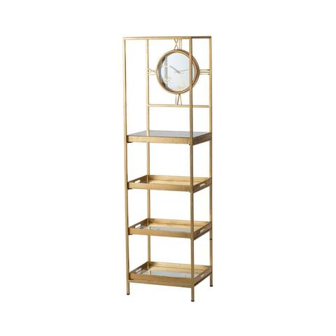 Jael 68 Inch Shelf with Clock, 4 Mirrored Tray Shelves, Iron Frame, Gold - 15.4L x 18.9W x 67.7H, in inches