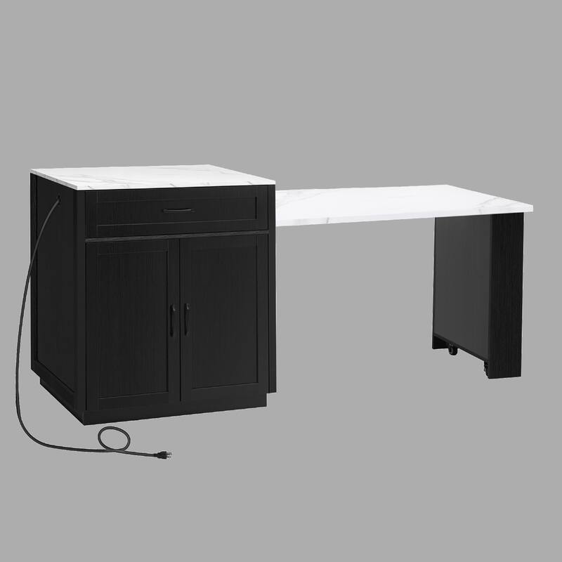 Extendable Kitchen Island with Dining Table for 4-6, Built-in Power Outlet, Storage Shelves & Drawers - Black