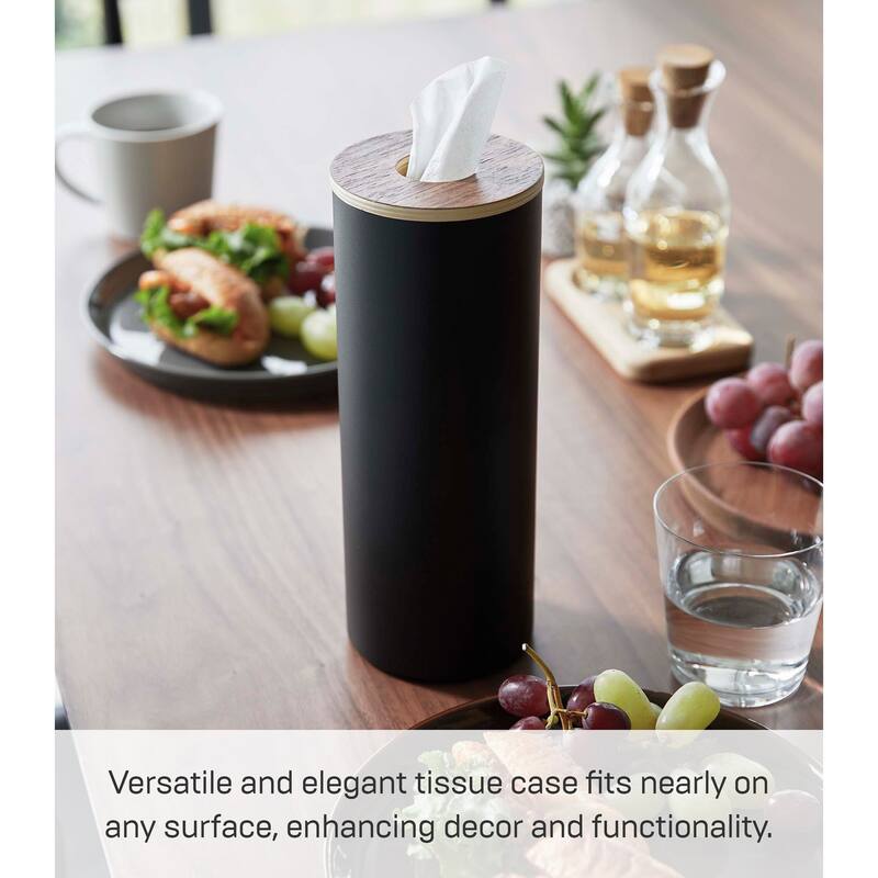 Yamazaki Home Round Tissue Case, Steel and Wood, Large, Lid - L 3.62 x W 3.62 x H 9.37 inches