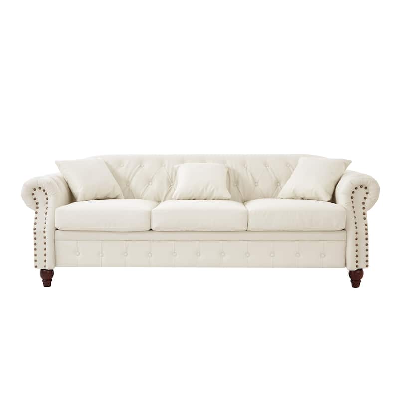 Faux Leather Upholstered Sofa with Storage, Chesterfield Tufted 3 Seater Sofa, Sofa Chair with Rolled Arms & Solid Wood Legs