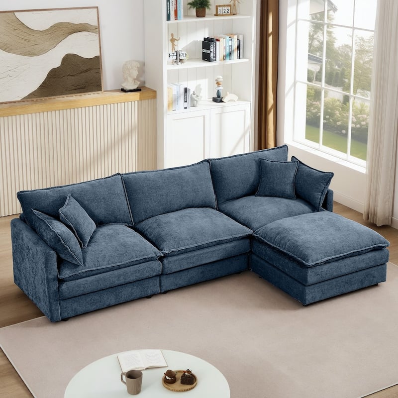 102" L-shaped Modular Chenille Sectional Sofa with Movable Ottoman - Blue