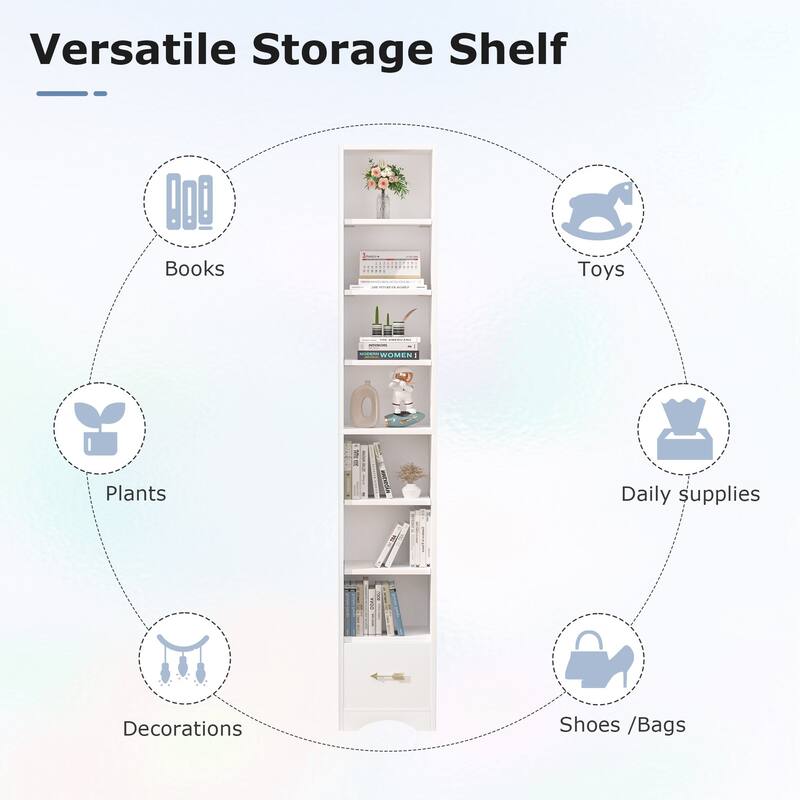 Javlergo Tall 7-Tier Adjustable Corner Bookcase with Drawer MDF Storage Shelf for Living Room Bedroom Kitchen and Entryway