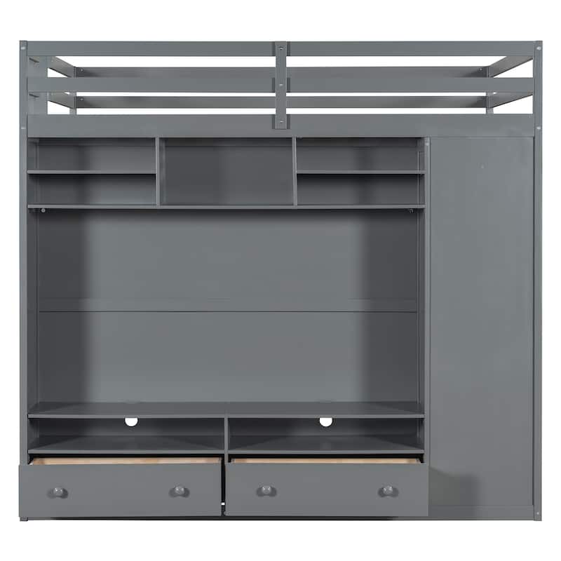Full Size Loft Bed with Drawers, Shelves, and LED Light - Gray