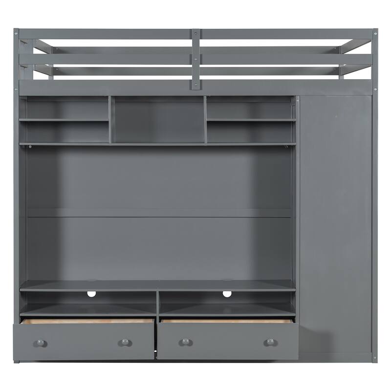 Full Size Loft Bed with TV Stand and Drawers, Teens Kids Storage Bed Frame with Shelves, Wardrobe and LED Light