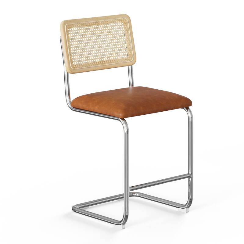 Hayward Cane Back Vegan Leather Counter Height Stool (Set of 2) - Chrome Frame / Saddle Vegan Leather Seat