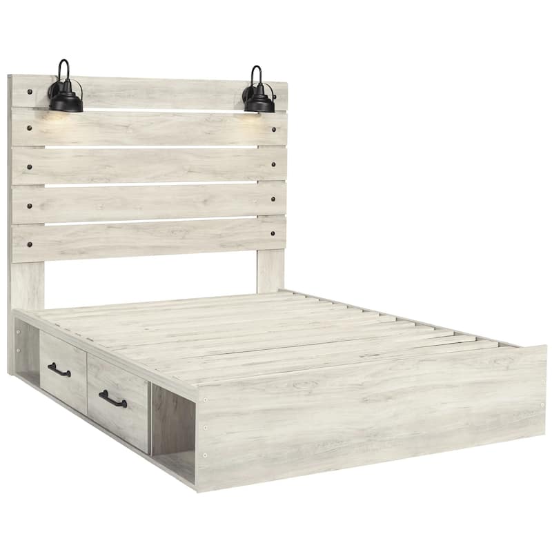 Cemy Rustic King Panel Bed, 2 Sconce Lights and Drawers, Whitewash