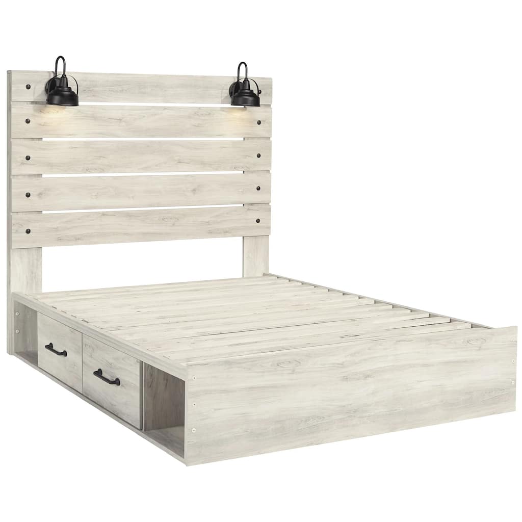 Cemy Rustic King Panel Bed, 2 Sconce Lights and Drawers, Whitewash