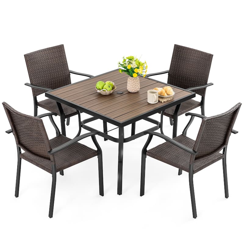 5PCS Patio Wicker Dining Set with Faux Wood Tabletop and Umbrella Hole
