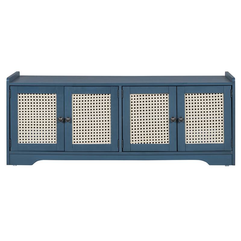 Roomfitters Large Entryway Storage Bench, Boho Rattan Cabinet, Shoe Organizer Seat, Adjustable Shelves