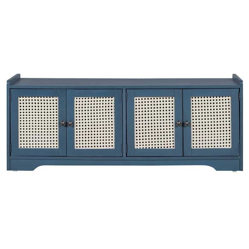Rustic Storage Bench with Removable Cushion and Woven Rattan Doors