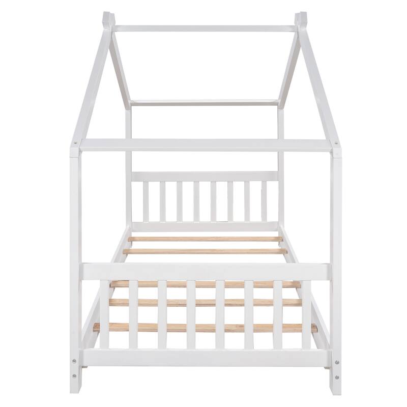Natural Wood Twin House Bed with Headboard, Footboard, and Roof Design