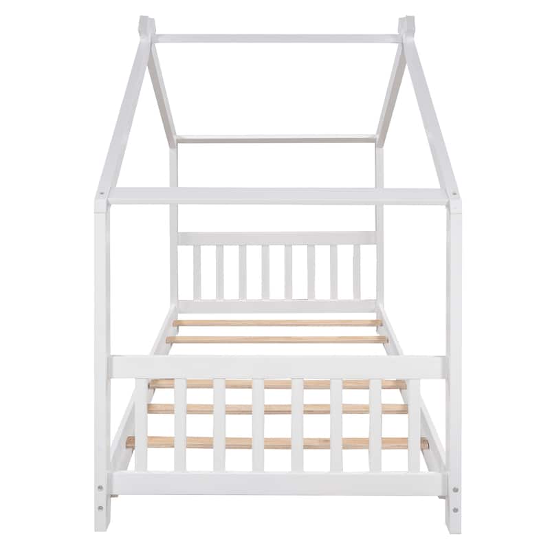Twin Size House Platform bed with Headboard and Footboard,Roof Design,White