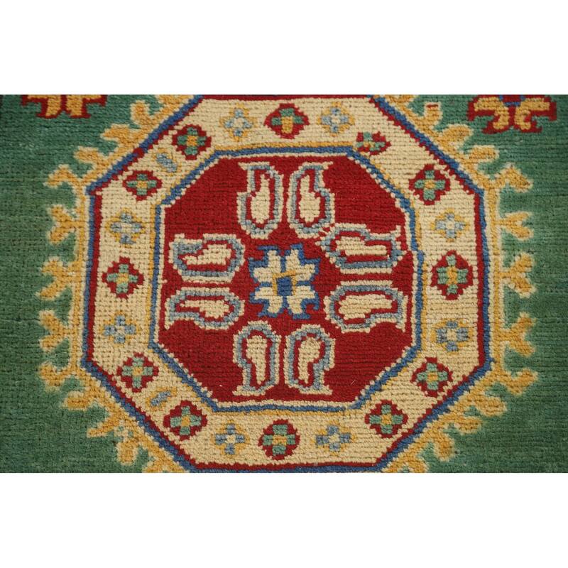 Green Geometric Kazak Runner Rug Handmade Wool Carpet - 2'8" x 16'2"