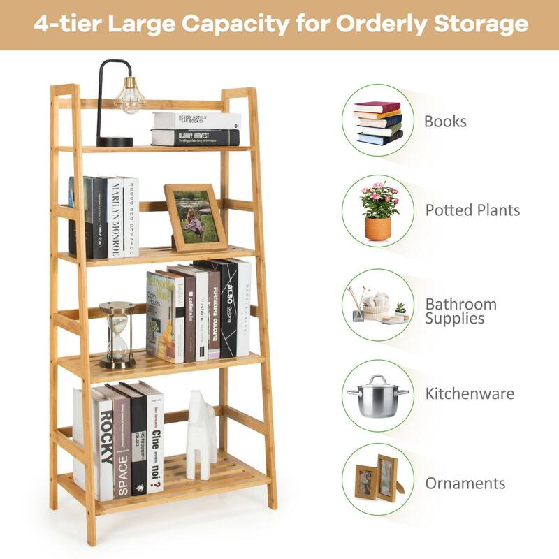 Gymax 4-Tier Bookshelf Bamboo Ladder Shelf Bathroom Shelves Storage