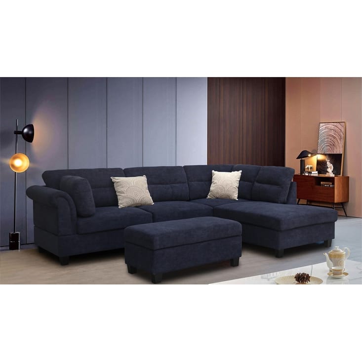 Diego 100"W Fabric Sectional Sofa with Right Facing Chaise, Storage Ottoman, and 2 Accent Pillows - Black