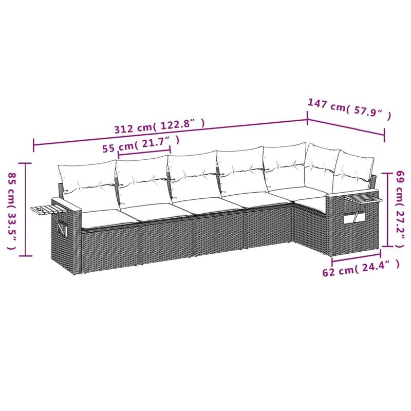 vidaXL 6 Piece Patio Sofa Set with Cushions Black Poly Rattan - 21.7x27.2x24.4-Without table