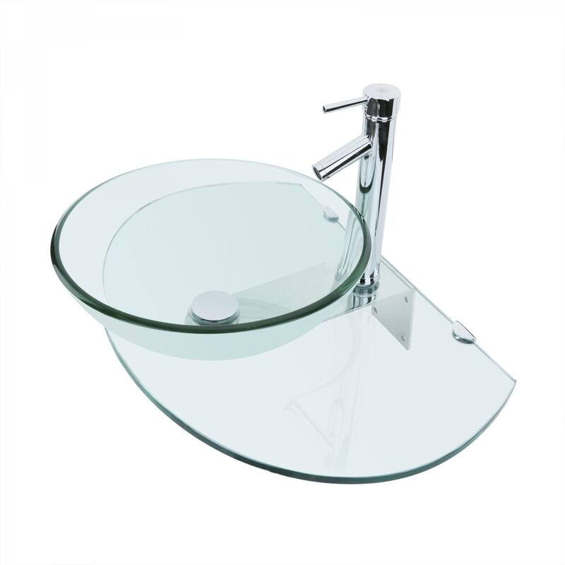 16.25" Corona Tempered Glass Wall Mount Bathroom Sink Round with Chrome Faucet and Drain