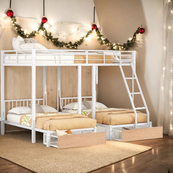 slide 2 of 24, Full Over Twin & Twin Bunk Bed, Metal Triple Bunk Bed with Drawers and Guardrails White
