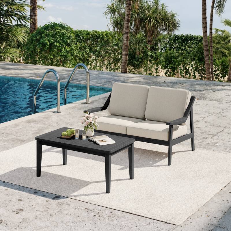 2-piece Brown/ Black Teak Cushioned Patio Loveseat Set with Coffee Table