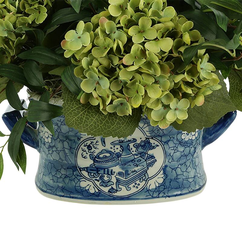 Hydrangea and Ruscus Arrangement in Ceramic Pot - Green, Blue, White