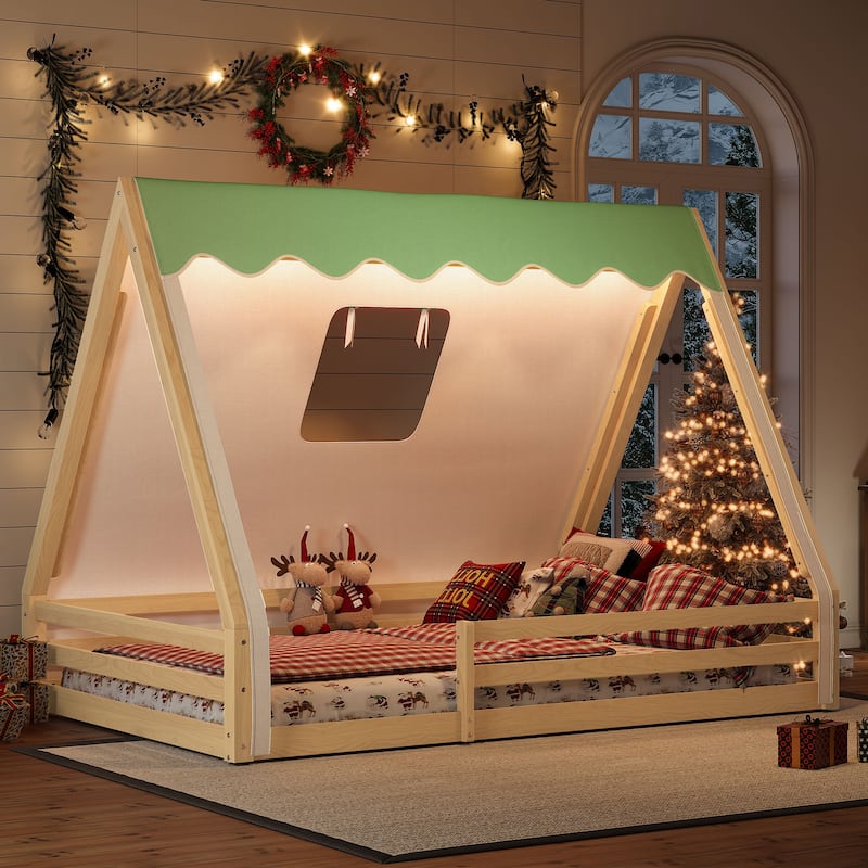 Teepee Montessori Bed for Toddlers, House-shaped Platform Bed Kids Playful Floor Bed with Tent, Sunroof and Light Strip - Natural - Full