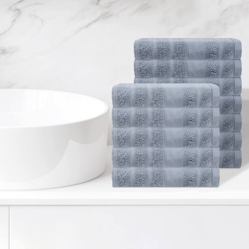 Striped 12 Pack Washcloths, Pure Cotton Face Towels, Comfort Towels for Bathroom, Hotel, Spa 14"x14" - Grey