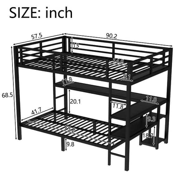 Black Full XL Over Twin Bunk Bed with Desk LED USB Storage Shelves for Work and Study