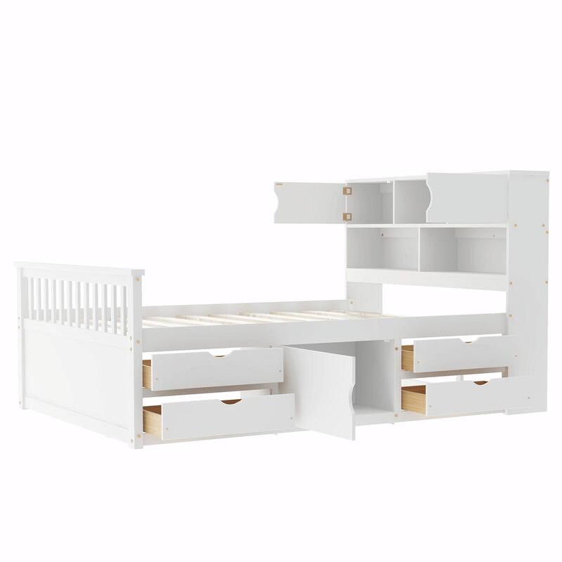 Captain Platform Bed Frame with Storage Bookcases, Shelves & Four Drawers