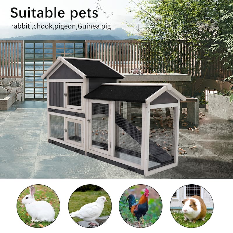 Rabbit Hutch,Indoor Bunny Cage,Outdoor Cages with Run,Pet House with Deeper No Leak Tray,UV Panel,Removable Bottom Wire Mesh