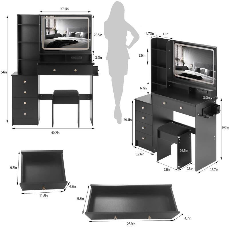 Vanity Desk with Touch Control LED Mirror, Makeup Table with Hair Dryer Stand, Vanity Table Set with Cushioned Stool