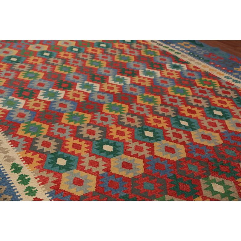 Palace Size Geometric Kilim Oriental Rug Hand-Woven Wool Carpet - 9'10"x 16'0"