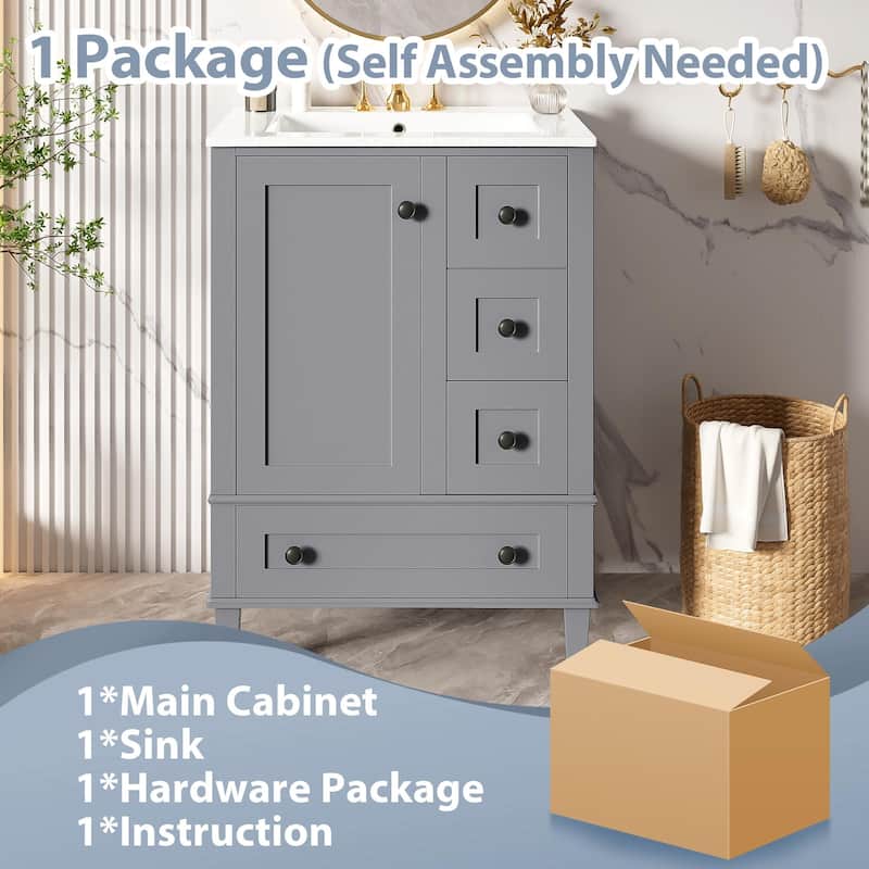 24" Bathroom Vanity with Integrated Ceramic Basin - Soft-Close Drawers, Door-Mounted Shelf