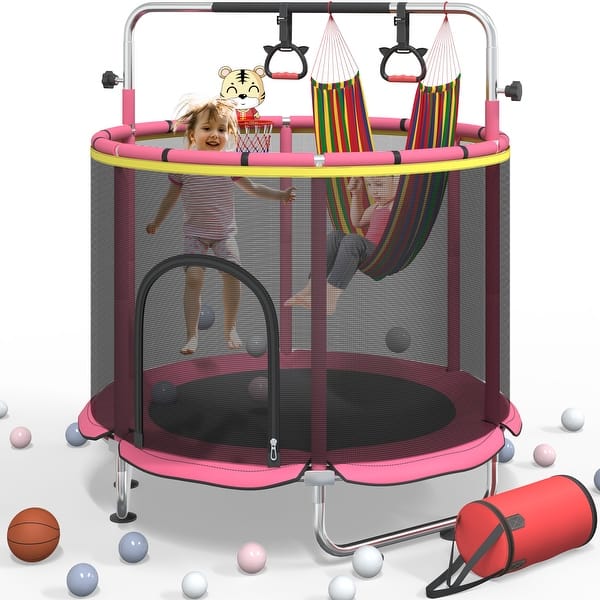 slide 2 of 19, Kids Trampoline, Adjustable Toddler Trampoline with Safety Enclosure Rose Red