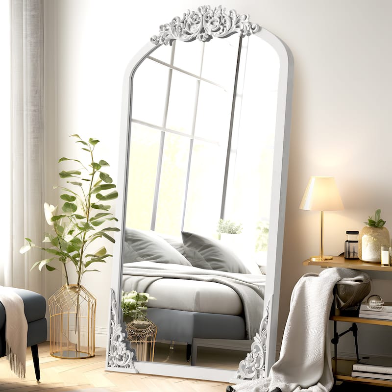 Lumioca Carved Solid Wood Arched Standing Mirror Wall Mirror - 67×28 - White