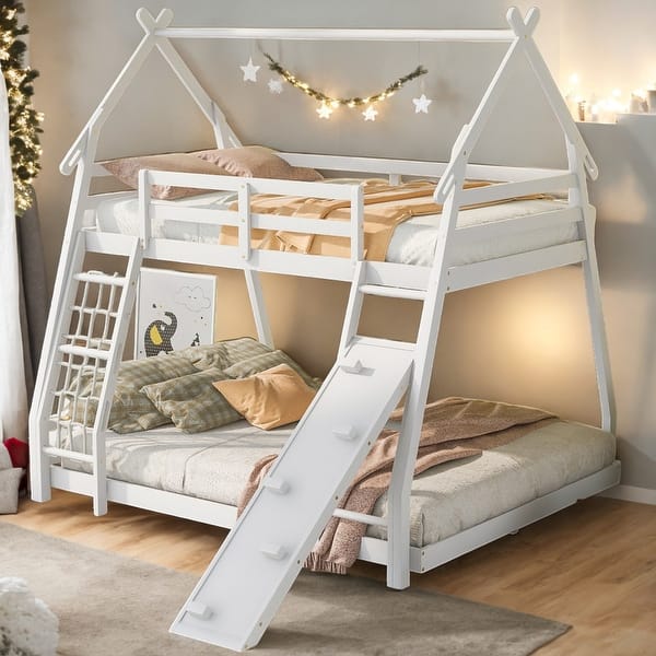 slide 2 of 15, Modern Twin Over Queen Playful Design House Bunk Bed With Climbing Nets And Climbing Ramp For Bedroom