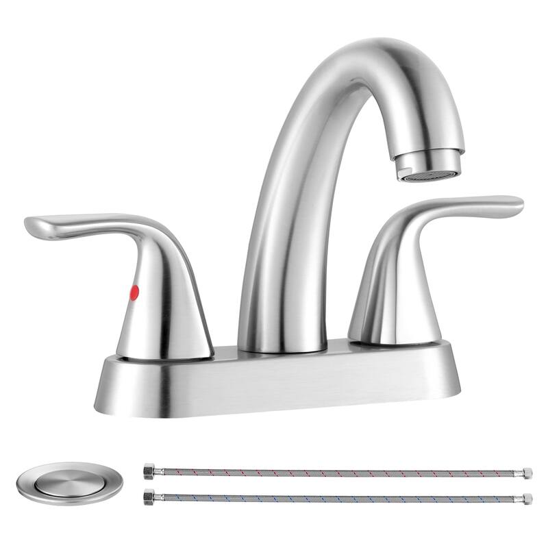 WOWOW 4 in. Centerset Double Handle High Arc Bathroom Sink Faucet - Brushed Nickel