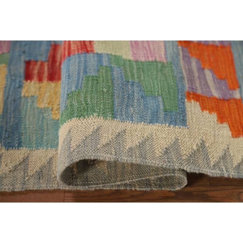 Multicolor Geometric Kilim Oriental Area Rug Hand-Woven Wool Carpet - 3'3"x 4'8"