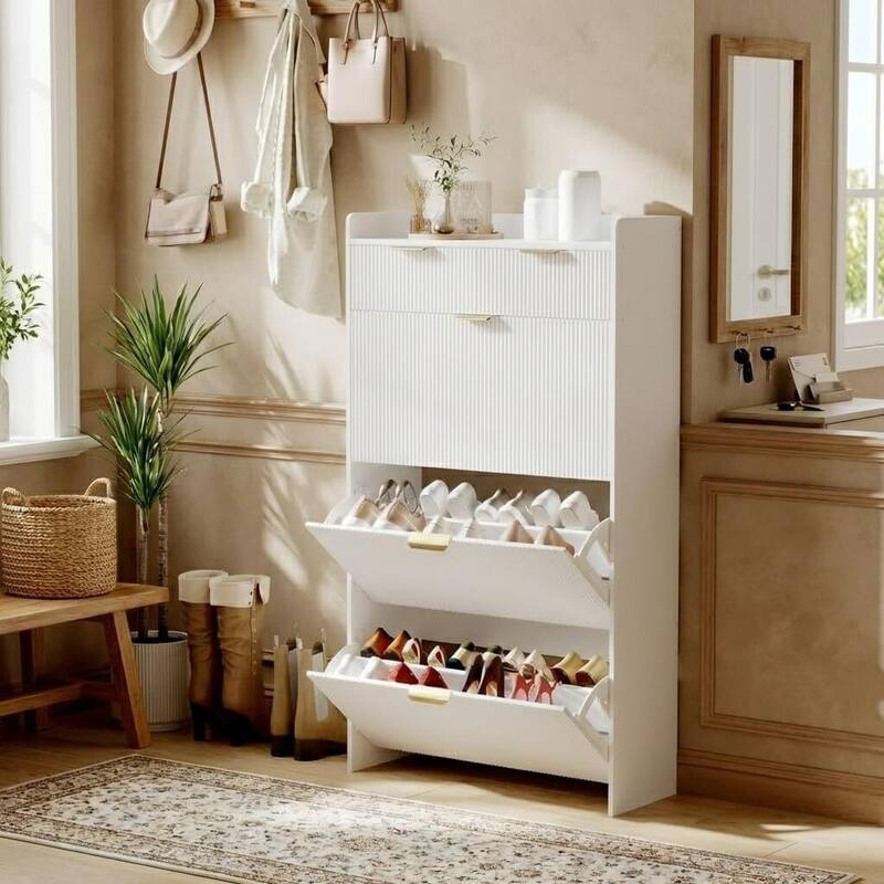 Modern Fluted Slim Shoe Storage Cabinet Organizer with 3 Flip Drawers for Apartment - White
