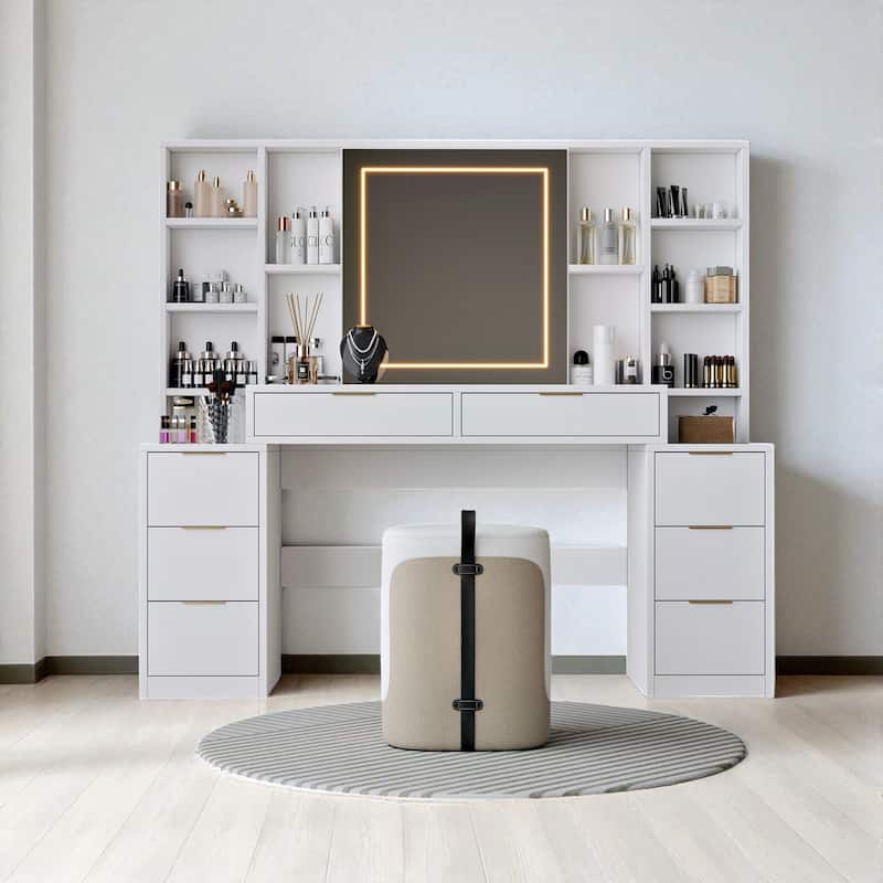 59" Makeup Vanity Desk with Mirror & Lights, Large Dressing Table with 8 Drawers, Open Shelves & Adjustable LED for Bedroom