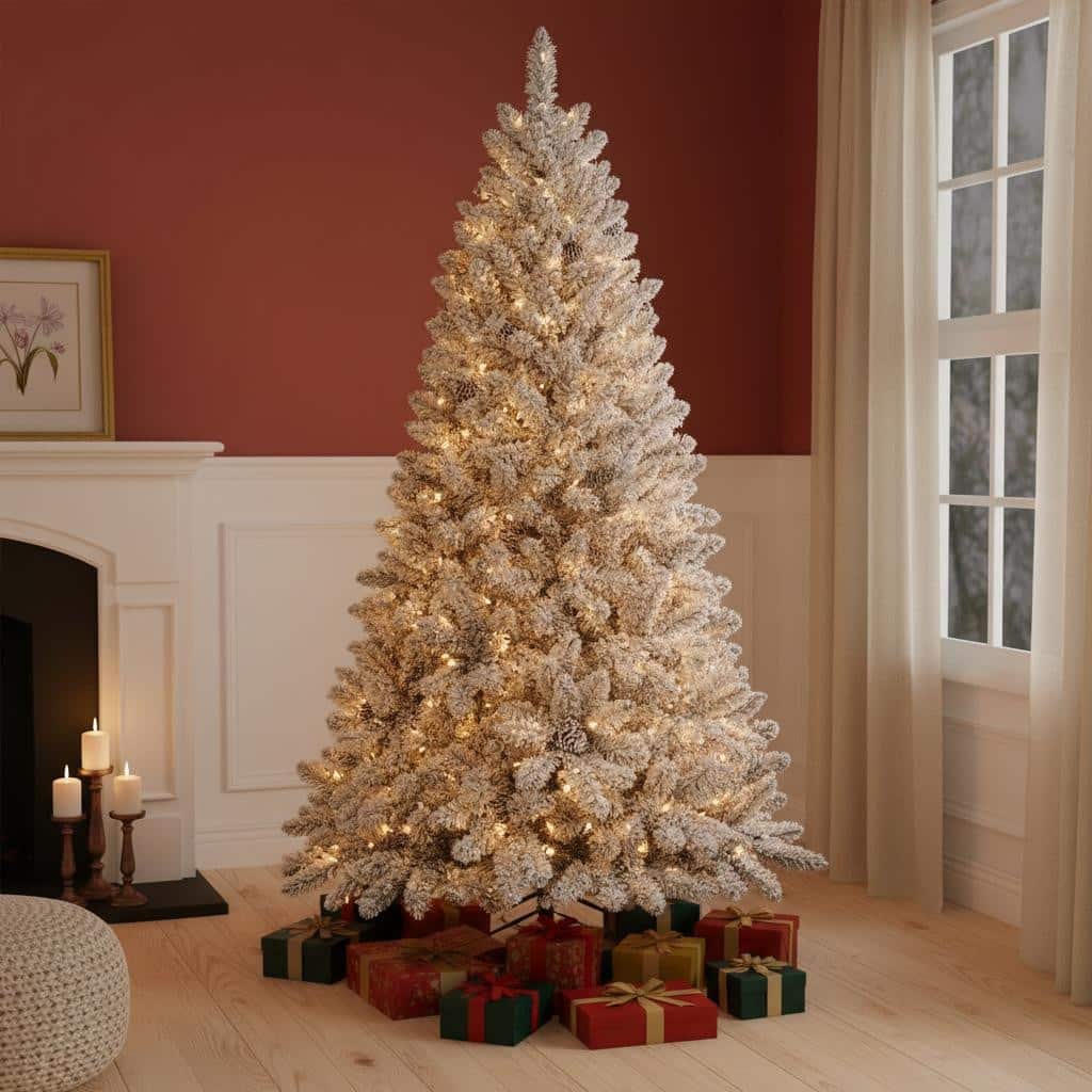 HomeRoots 9' Green And White Pre Lit Full Flocked Christmas Tree With Decorations - 65.00 in. x 108.00 in. x 65.00 in.