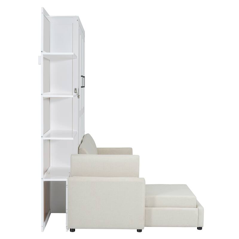 Hidden Wood Wall Cabinet Bed with Sofa, Queen Size Murphy Bed with Couch, Open Side Storage Shelves and Dual-Piston Lift