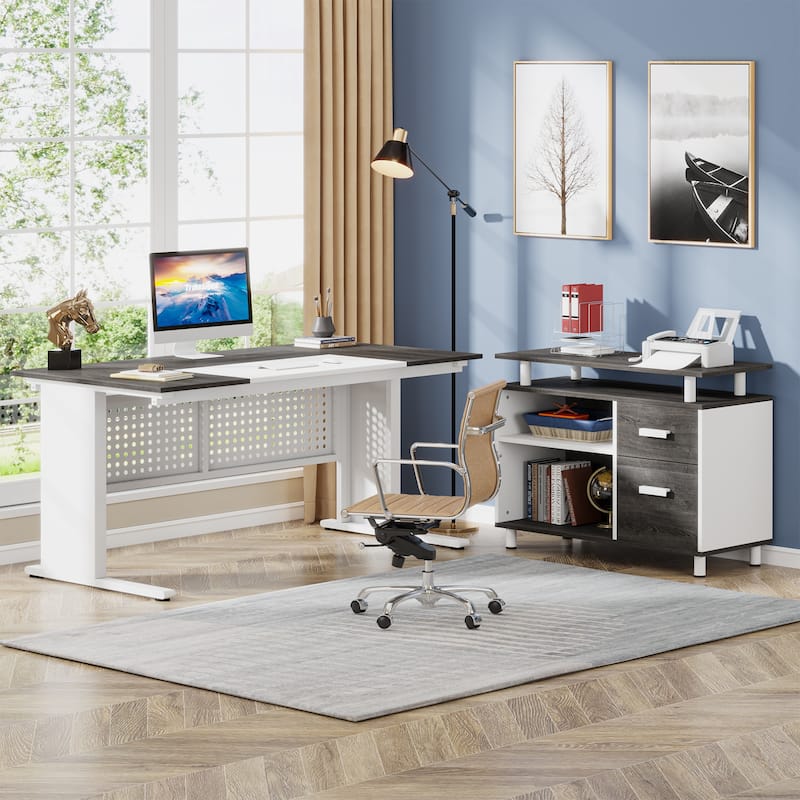 63'' Executive Desk with File Cabinet, L-Shaped Computer Desk Business Furniture Set Home Office Workstation