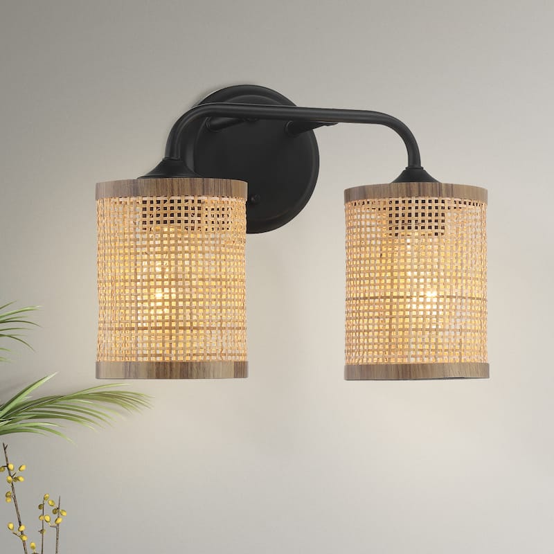 Beebu Double-Light Vanity Sconce with Rattan Shades - Rattan