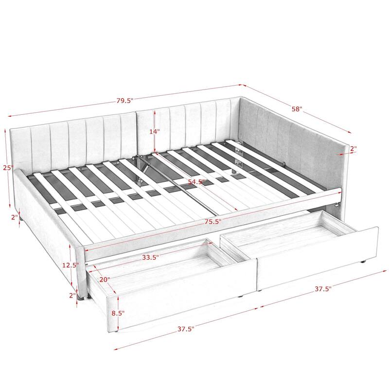 Roomfitters Full Velvet Daybed with Two Storage Drawers, Upholstered Sofa Bed Frame with Backrest and Armrests