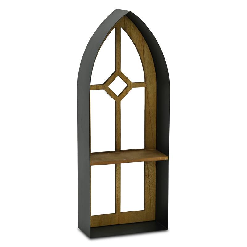 Meliora Cathdral Window Metal & Wood 2 Tier Wall Shelf