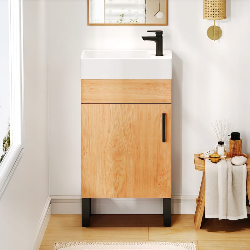 Moasis 16.2" Free-Standing Single Bathroom Vanity with Ceramic Basin - amber oak
